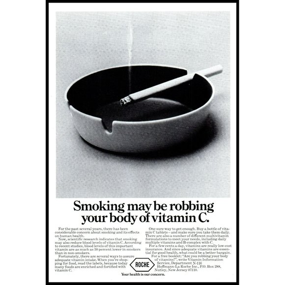 1976 Roche Health Vintage Print Ad Ash Tray Cigarette Smoking Wall Art Decor - Picture 1 of 1